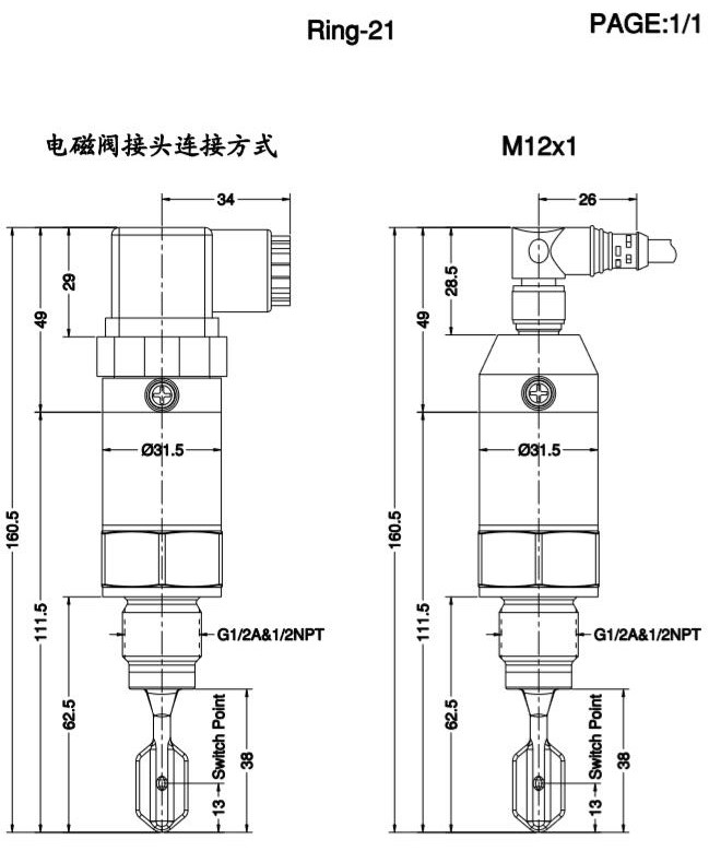 Ring-21緊湊型音叉液位開關(guān)產(chǎn)品尺寸圖（標(biāo)準(zhǔn)）